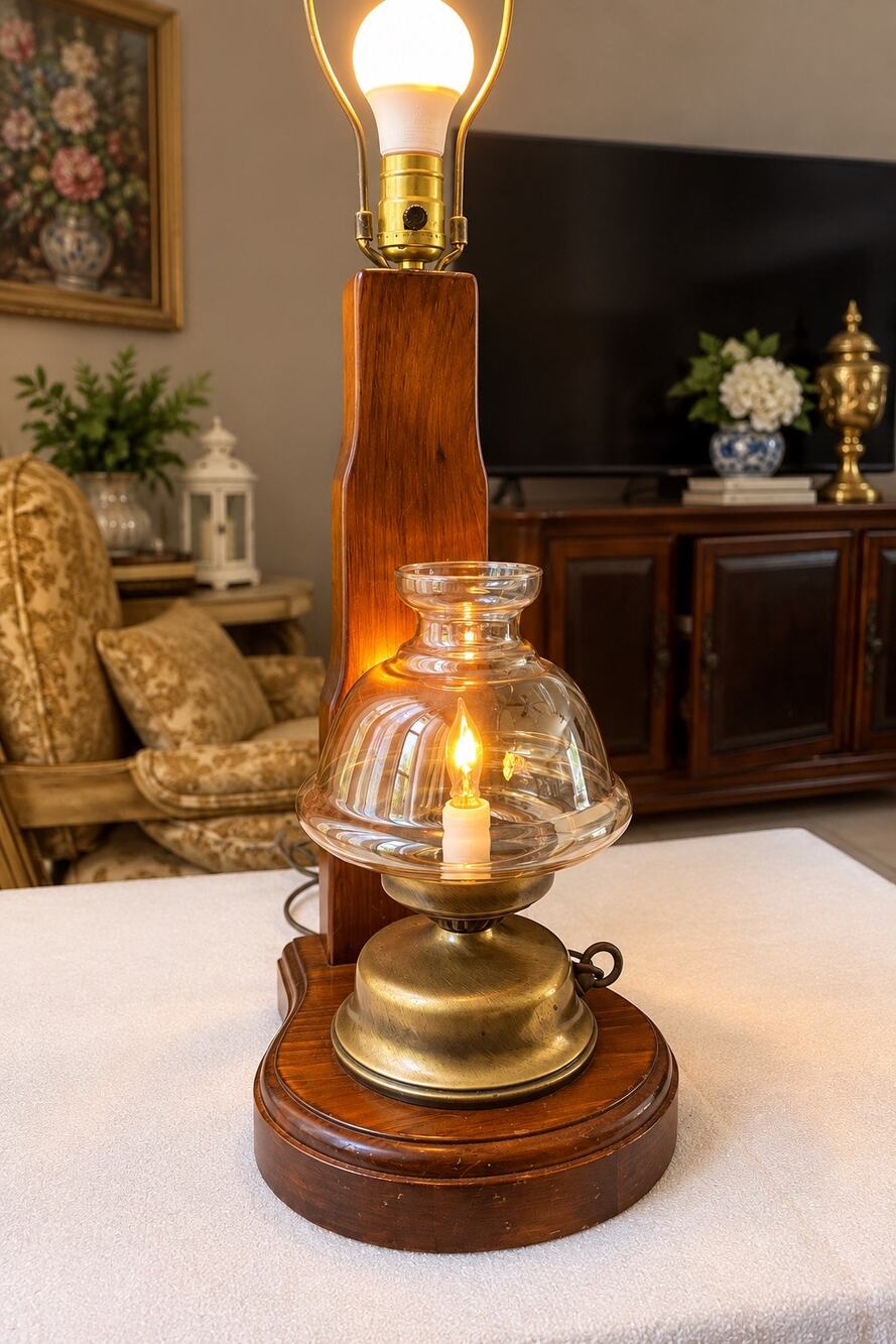 Milford Guild nautical table lamp rustic wood block frame brass glass hurricane